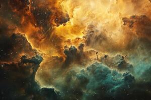 A cosmic nebula with swirling clouds of gas and dust in shades of orange, yellow, and green. photo