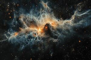 A cosmic nebula with swirling gas and dust clouds illuminated by a central star. photo