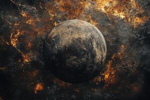 A dark, rocky planet in a fiery, swirling nebula. photo