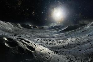 A barren, cratered alien landscape under a starry sky. photo
