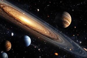 A beautiful view of a distant galaxy with planets in the foreground. photo