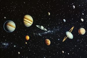 A depiction of the solar system with planets, moons, and stars against a dark background. photo