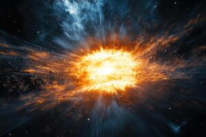 A fiery explosion in space, surrounded by swirling clouds of gas and dust. photo