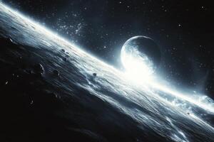 A distant planet in the cosmic void with a bright star shining in the distance. photo