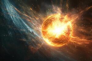 A blazing supernova explodes in the vastness of space, its fiery glow illuminating the surrounding nebula. photo