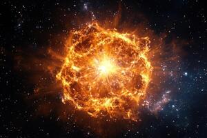 A fiery explosion in space, with bright orange and yellow light against a dark background of stars. photo