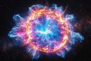 A fiery, glowing sphere of energy with a blue core in a dark space with stars. photo