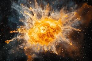 A fiery explosion of light and dust in a dark space. photo