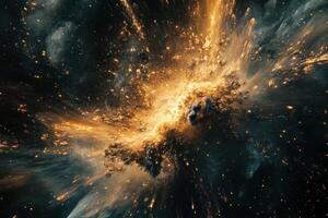 A fiery explosion in space with glowing dust and debris. photo