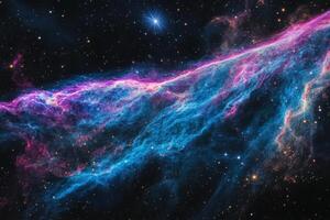 A cosmic nebula glows with vibrant pink and blue hues against a backdrop of scattered stars. photo