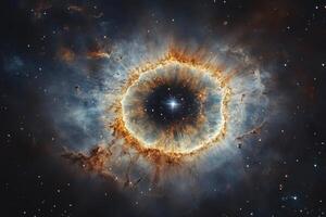 A cosmic eye nebula with a bright star in the center, surrounded by gas and dust. photo