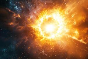 A fiery explosion in space with glowing particles and debris. photo