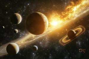 A breathtaking view of a solar system with a vibrant star and planets, some with rings, in the background. photo