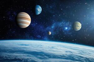A breathtaking view of a distant planetary system with multiple planets and a star. photo