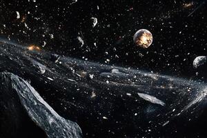 A breathtaking view of a chaotic asteroid field with a fiery planet. photo