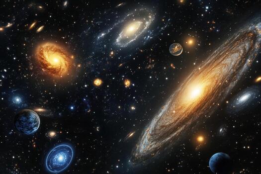 A breathtaking view of a star-filled universe, showcasing multiple galaxies, nebulae, and planets. photo