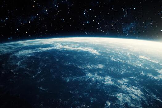 A breathtaking view of Earth from space, showcasing its blue oceans, swirling clouds, and a starry backdrop. photo