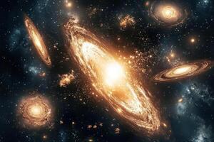 A collection of galaxies in a vast and dark universe, with spiral shapes and glowing centers. photo