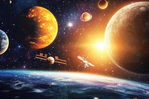 A breathtaking view of the universe with planets, stars, and a satellite. photo
