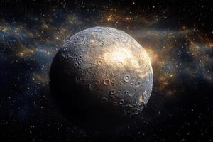 A close-up of a cratered moon with a glowing nebula in the background. photo