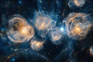 A celestial nebula with swirling clouds of gas and dust, illuminated by stars. photo