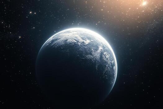 A blue planet in space with a bright sun and stars in the background. photo