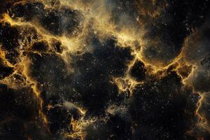 A celestial expanse filled with swirling clouds of golden gas and a scattering of stars in a dark night sky. photo