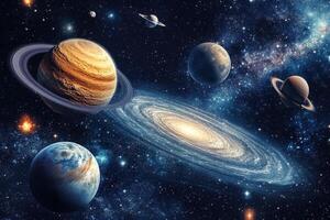 A beautiful view of the Milky Way galaxy with planets and stars in the foreground. photo