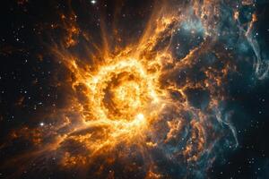 A bright, fiery nebula bursts from the darkness of space. photo
