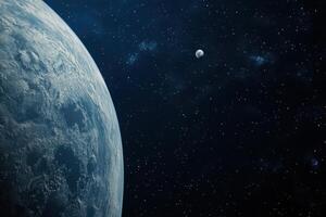 A blue planet with a small moon in the distance against a starry sky. photo