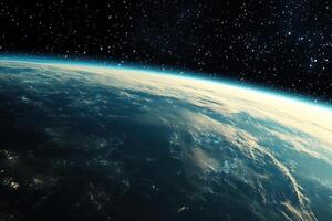 A breathtaking view of Earth from space, with a starry sky above and the planet's curved horizon. photo