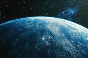 A breathtaking view of Earth from space, showcasing its blue oceans and swirling clouds against a backdrop of twinkling stars. photo