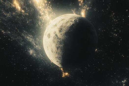 A crescent moon shines brightly against a starry background, illuminated by a celestial glow. photo