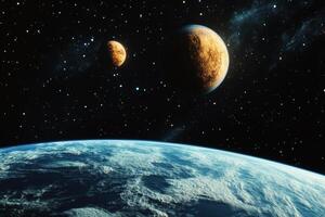 A blue planet with two orange moons in a starry sky. photo