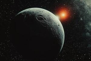 A close-up view of a rocky exoplanet with a distant red sun. photo