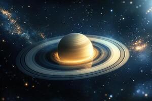 A 3D render of Saturn with its rings in space. photo