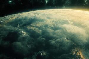 A close-up view of Earth with clouds and a golden sunrise. photo