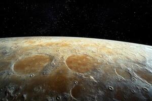 A close-up view of the cratered surface of a planet in space. photo