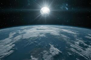 A breathtaking view of Earth from space with the sun shining brightly. photo