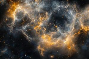 A cosmic nebula with swirling clouds of gas and dust, illuminated by the glow of distant stars. photo