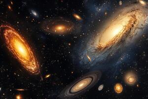 A cosmic scene featuring multiple galaxies and stars, with a large spiral galaxy at the center. photo