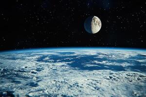 A crescent moon hangs above a snowy planet's horizon, illuminated by distant stars. photo