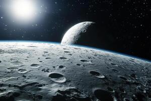 A cratered moon with a bright sun and a second moon in the background. photo