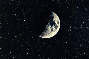 A crescent moon shines brightly in a dark night sky, surrounded by a field of twinkling stars. photo
