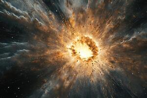 A bright explosion of light and energy in space, surrounded by a cloud of dust and gas. photo