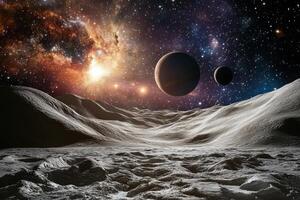 A desolate, gray, rocky alien landscape with a red and blue nebula, stars and two planets in the distance. photo