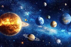 A detailed illustration of our solar system with all the planets and the sun. photo
