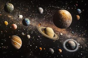 A detailed depiction of the solar system with all the planets, moons, and asteroids. photo