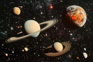 A digital illustration depicting a vast, star-studded space with multiple planets, including Saturn with its prominent rings, and a fiery, red planet. photo