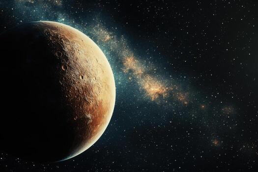 A distant planet against a backdrop of stars and a hazy galaxy. photo